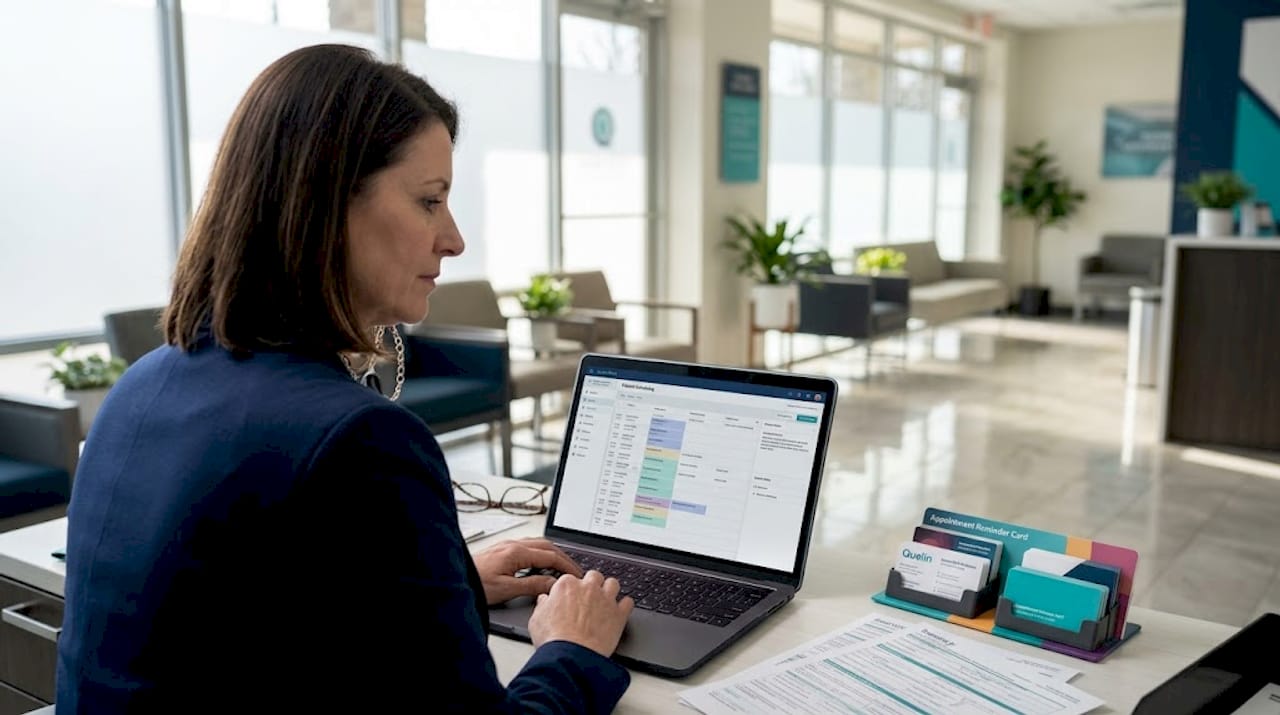 Medical office manager reviewing schedules at desk